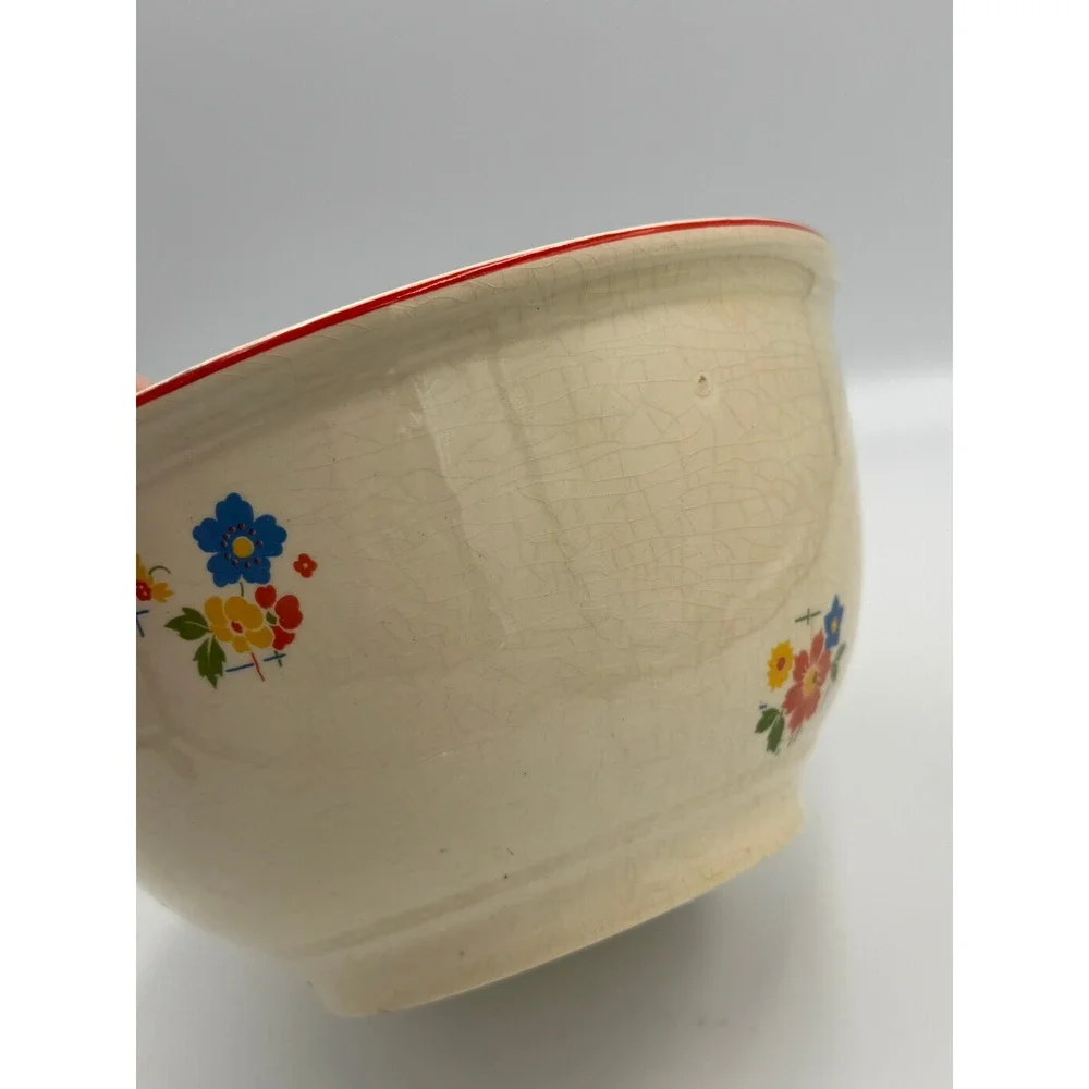Vintage Homer Laughlin Kitchen Kraft Oven Serve‎ Floral Mixing Bowl Red Rim USA